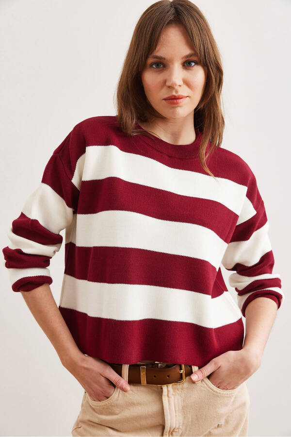 Women's Maroon Crewneck Striped Knit Sweater - 2