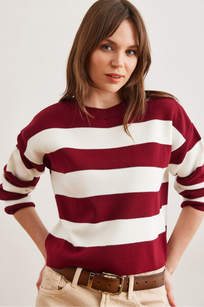 Women's Maroon Crewneck Striped Knit Sweater - 3
