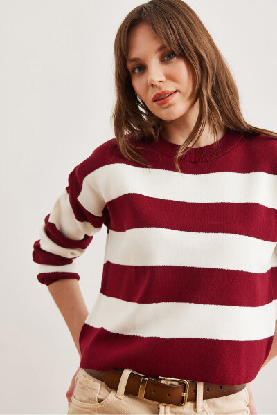 Women's Maroon Crewneck Striped Knit Sweater - 4
