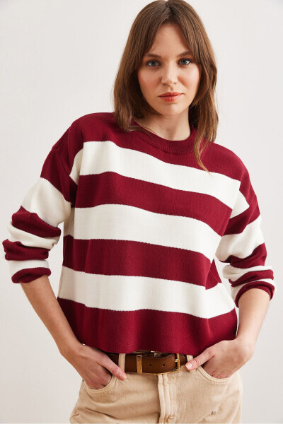 Women's Maroon Crewneck Striped Knit Sweater - OLALOOK (1)