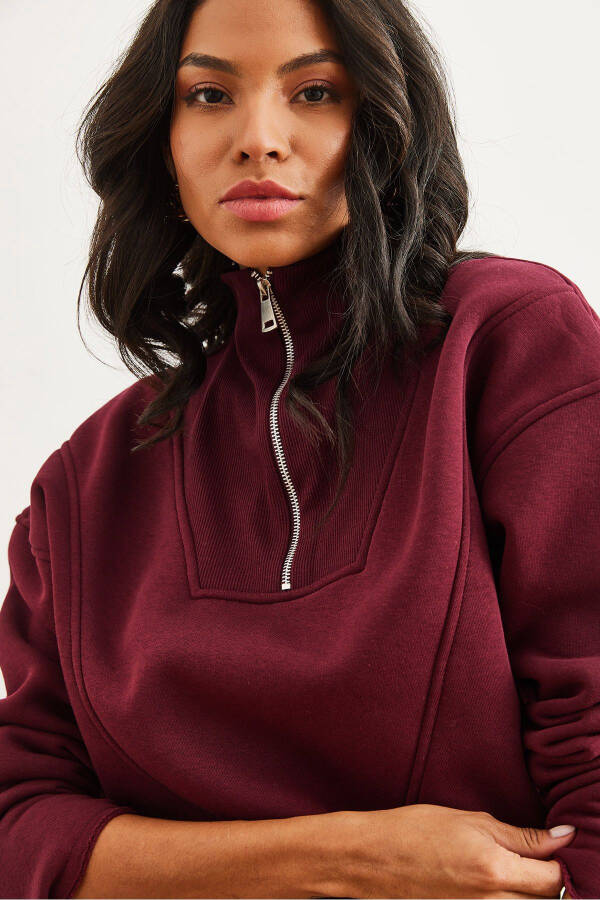 Women's Maroon High Neck Zippered Thistle Embroidered Crop Thick Sweatshirt SWT-19000696 - 5