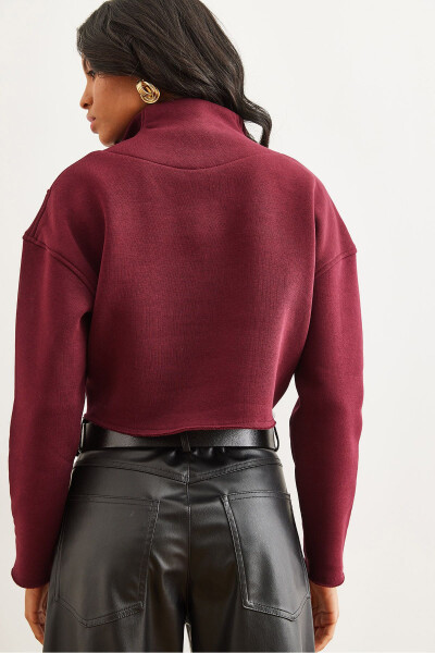 Women's Maroon High Neck Zippered Thistle Embroidered Crop Thick Sweatshirt SWT-19000696 - 7