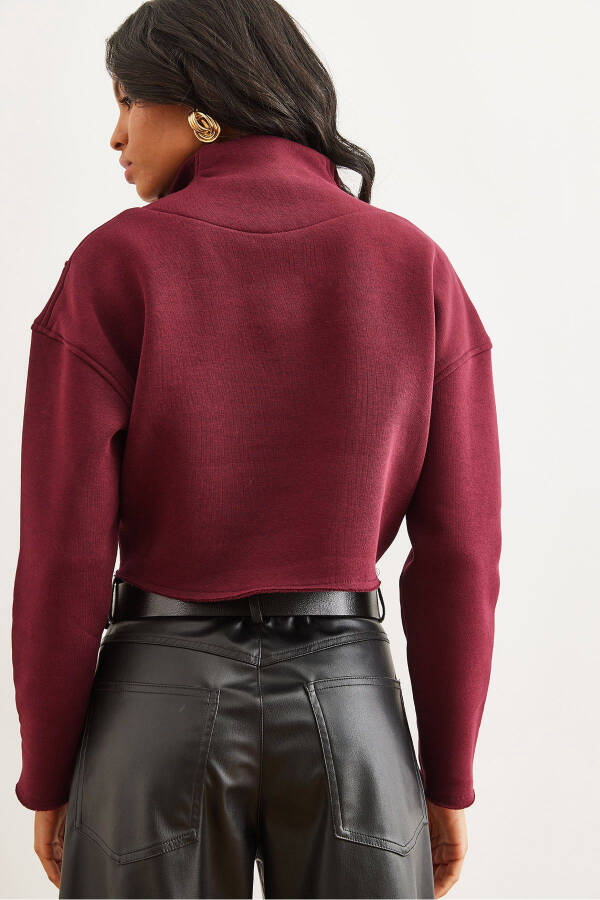 Women's Maroon High Neck Zippered Thistle Embroidered Crop Thick Sweatshirt SWT-19000696 - 7