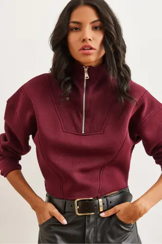 Women's Maroon High Neck Zippered Thistle Embroidered Crop Thick Sweatshirt SWT-19000696 - 6