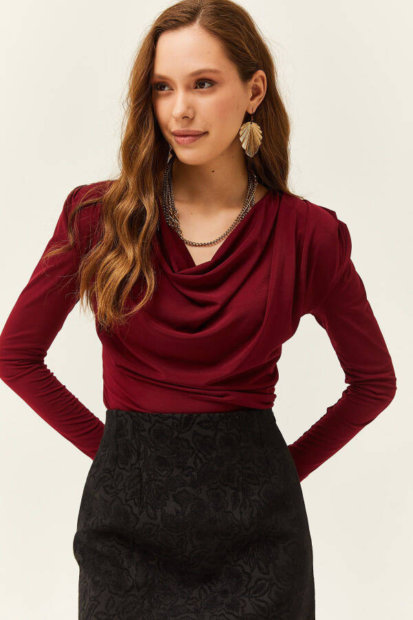 Women's Maroon Padded Pleated Degaje Collar Blouse - 4