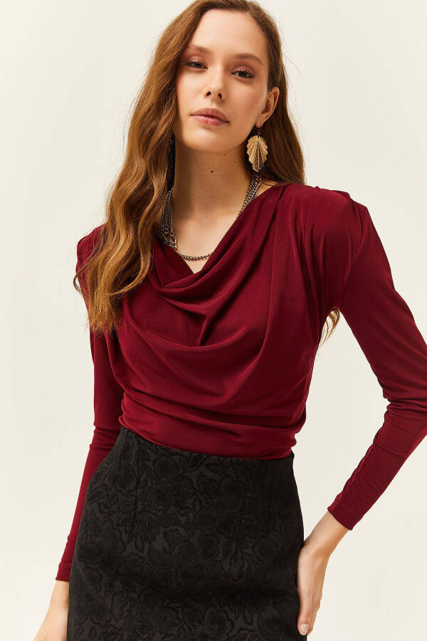 Women's Maroon Padded Pleated Degaje Collar Blouse - 5