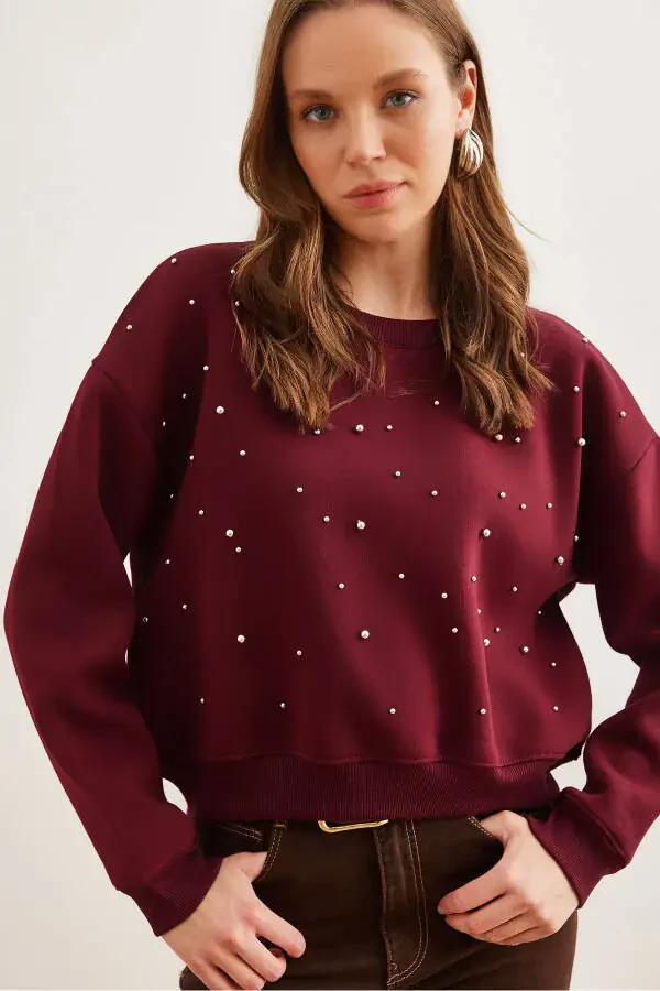 Women's Maroon Pearl Detailed Thistle Crop Thick Sweatshirt SWT-19000663 - 1