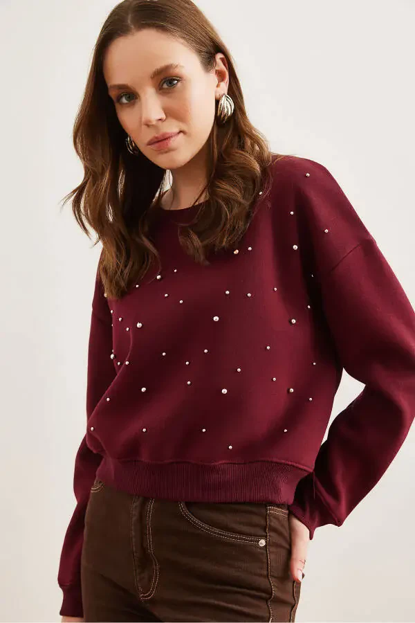 Women's Maroon Pearl Detailed Thistle Crop Thick Sweatshirt SWT-19000663 - 2