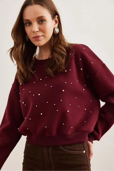 Women's Maroon Pearl Detailed Thistle Crop Thick Sweatshirt SWT-19000663 - 3