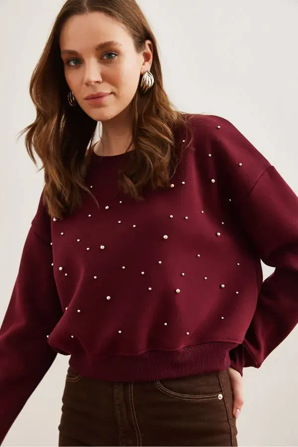 Women's Maroon Pearl Detailed Thistle Crop Thick Sweatshirt SWT-19000663 - 3