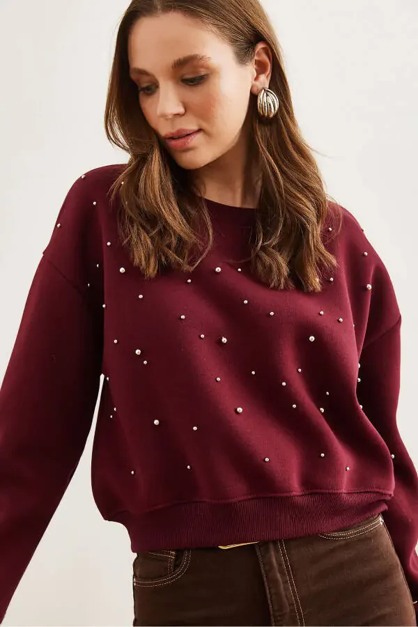 Women's Maroon Pearl Detailed Thistle Crop Thick Sweatshirt SWT-19000663 - 4