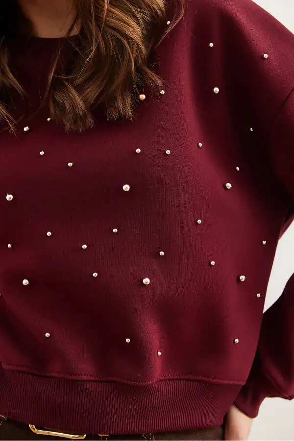 Women's Maroon Pearl Detailed Thistle Crop Thick Sweatshirt SWT-19000663 - 5