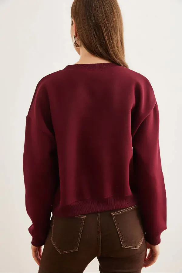 Women's Maroon Pearl Detailed Thistle Crop Thick Sweatshirt SWT-19000663 - 6