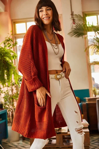 Women's Maroon Sleeve Folded Pocket Loose Knitted Cardigan HRK-19000123 - OLALOOK