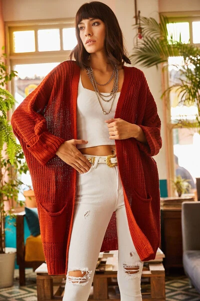 Women's Maroon Sleeve Folded Pocket Loose Knitted Cardigan HRK-19000123 - OLALOOK (1)