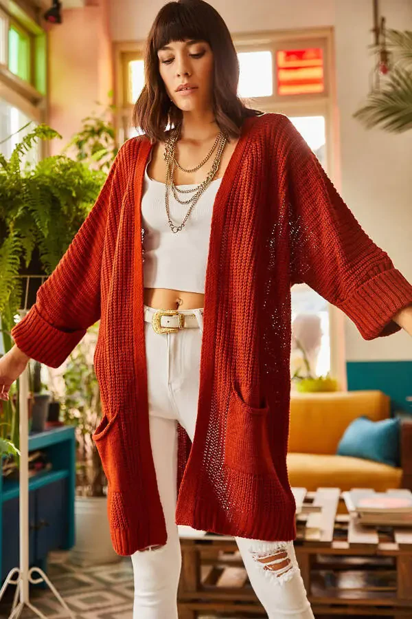 Women's Maroon Sleeve Folded Pocket Loose Knitted Cardigan HRK-19000123 - 3