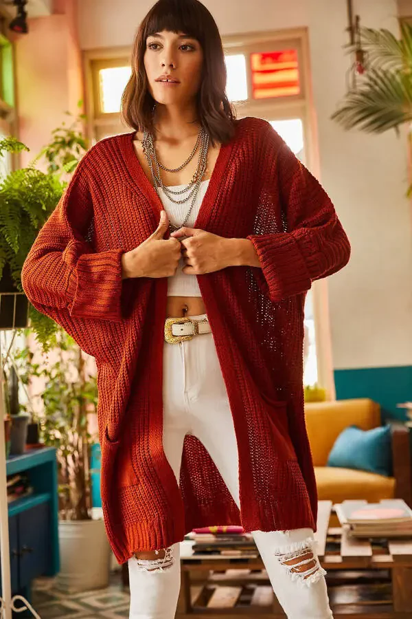 Women's Maroon Sleeve Folded Pocket Loose Knitted Cardigan HRK-19000123 - 4