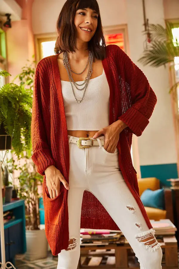 Women's Maroon Sleeve Folded Pocket Loose Knitted Cardigan HRK-19000123 - 5