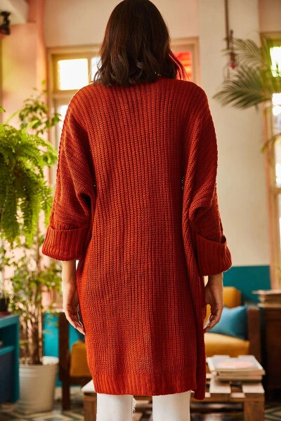 Women's Maroon Sleeve Folded Pocket Loose Knitted Cardigan HRK-19000123 - 6