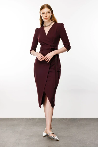 Womens Maroon Wrap Dress - 5