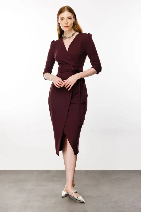 Womens Maroon Wrap Dress - 5