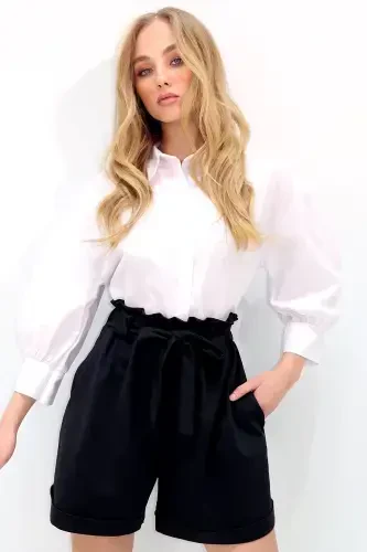 Women's Matte Black Elastic Waist Belted Double Pocket Double Leg Carrot Gabardine Shorts ALC-X8450-Matte Black - TREND ALAÇATI STILI (1)