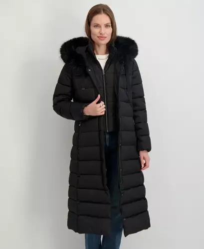Womens Maxi Shine Bibbed Faux-Fur-Trimmed Hooded Puffer Coat - 3