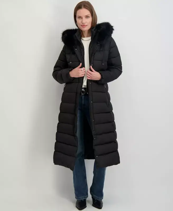 Womens Maxi Shine Bibbed Faux-Fur-Trimmed Hooded Puffer Coat - 4