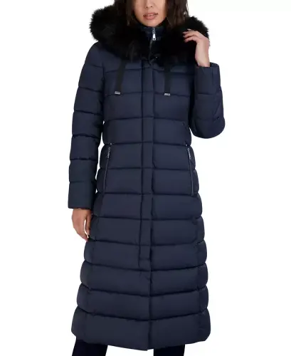 Womens Maxi Shine Bibbed Faux-Fur-Trimmed Hooded Puffer Coat - Galaxy - 1