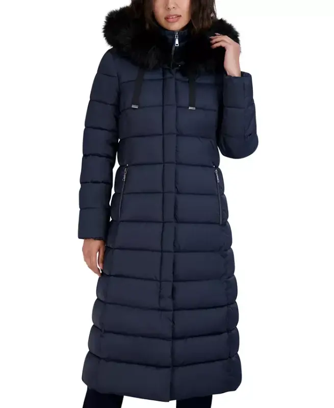Womens Maxi Shine Bibbed Faux-Fur-Trimmed Hooded Puffer Coat - Galaxy - 1