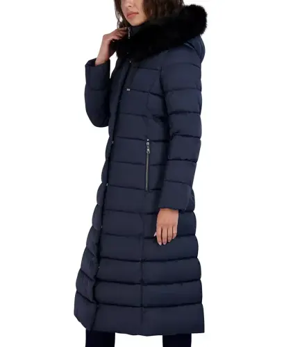 Womens Maxi Shine Bibbed Faux-Fur-Trimmed Hooded Puffer Coat - Galaxy - 3