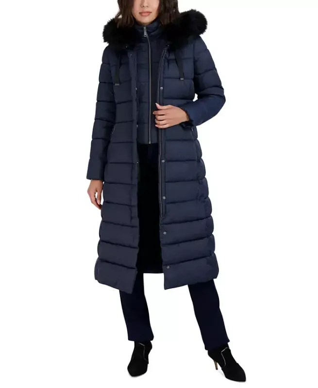 Womens Maxi Shine Bibbed Faux-Fur-Trimmed Hooded Puffer Coat - Galaxy - 4