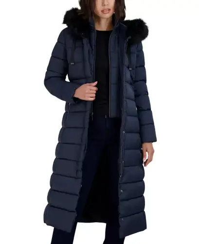 Womens Maxi Shine Bibbed Faux-Fur-Trimmed Hooded Puffer Coat - Galaxy - 5