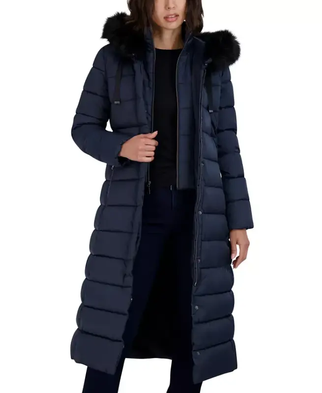 Womens Maxi Shine Bibbed Faux-Fur-Trimmed Hooded Puffer Coat - Galaxy - 5