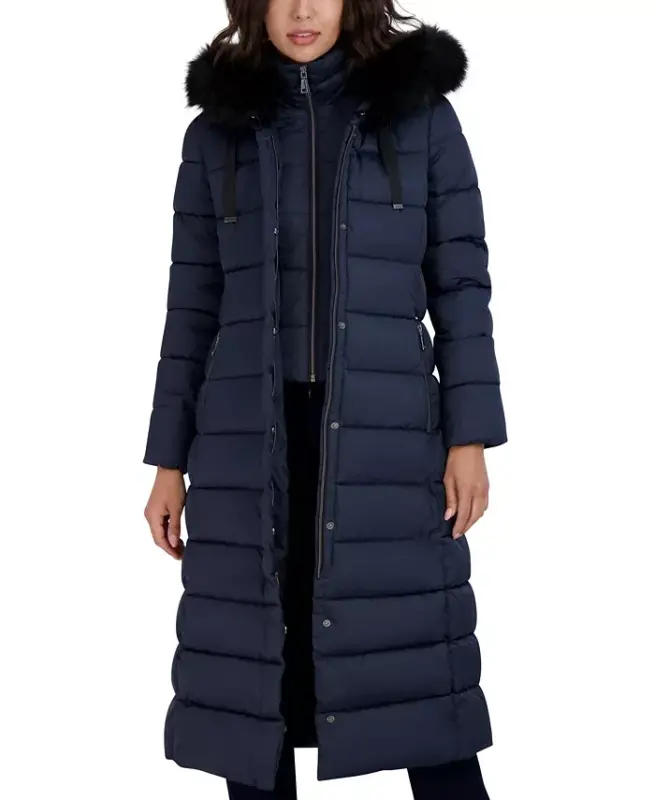 Womens Maxi Shine Bibbed Faux-Fur-Trimmed Hooded Puffer Coat - Galaxy - 6