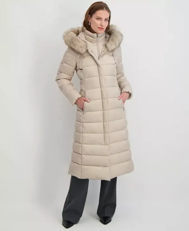 Womens Maxi Shine Bibbed Faux-Fur-Trimmed Hooded Puffer Coat - Pale Oak - TAHARI