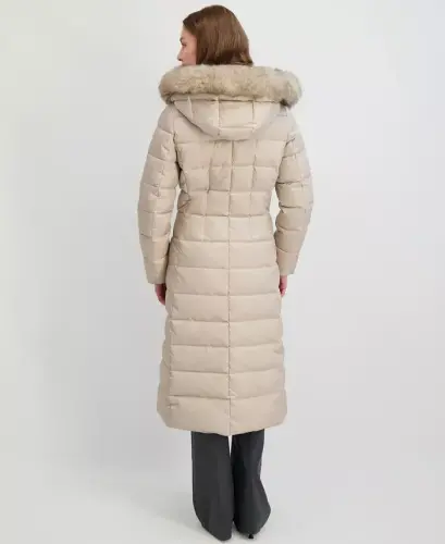 Womens Maxi Shine Bibbed Faux-Fur-Trimmed Hooded Puffer Coat - Pale Oak - TAHARI (1)