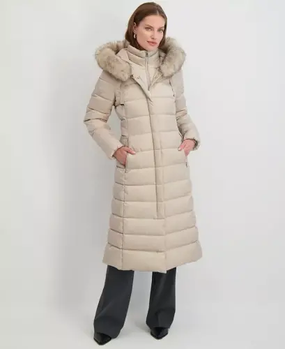 Womens Maxi Shine Bibbed Faux-Fur-Trimmed Hooded Puffer Coat - Pale Oak - 1