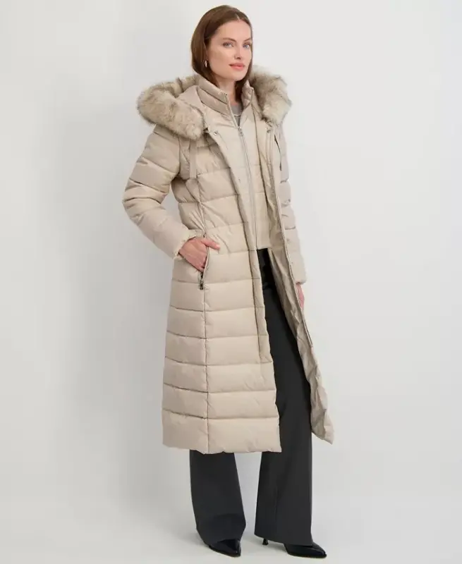 Womens Maxi Shine Bibbed Faux-Fur-Trimmed Hooded Puffer Coat - Pale Oak - 3
