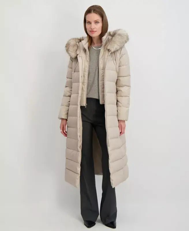 Womens Maxi Shine Bibbed Faux-Fur-Trimmed Hooded Puffer Coat - Pale Oak - 4