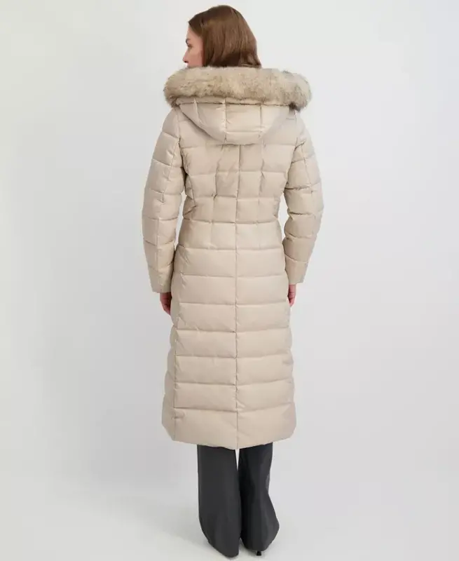 Womens Maxi Shine Bibbed Faux-Fur-Trimmed Hooded Puffer Coat - Pale Oak - 2