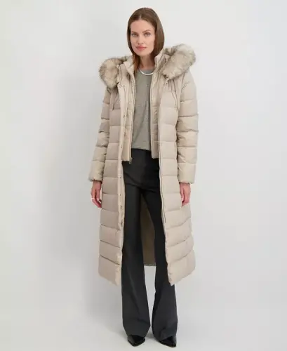 Womens Maxi Shine Bibbed Faux-Fur-Trimmed Hooded Puffer Coat - Pale Oak - 4