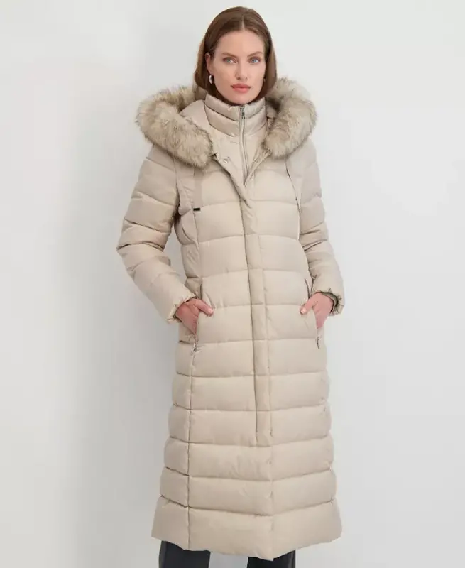 Womens Maxi Shine Bibbed Faux-Fur-Trimmed Hooded Puffer Coat - Pale Oak - 5