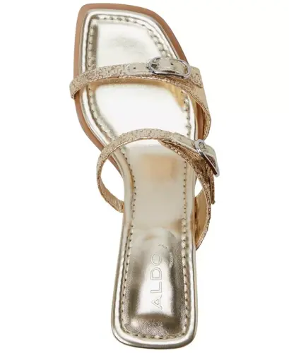 Women's Maymay Buckle Double Band Block-Heel Slide Sandals-Gold Raffia - 4