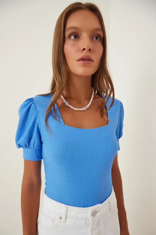 Women's Medium Blue Square Neck Balloon Sleeve Knitted Blouse DD01051-Medium Blue - HAPPINESS İSTANBUL