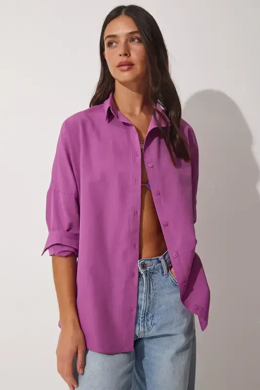 Women's Medium Lilac Oversize Long Basic Shirt DD00842-Medium Lilac - 2