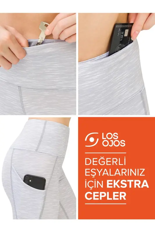 Women's Melange Grey High Waist Double Pocket Shaping Sports Leggings - 3