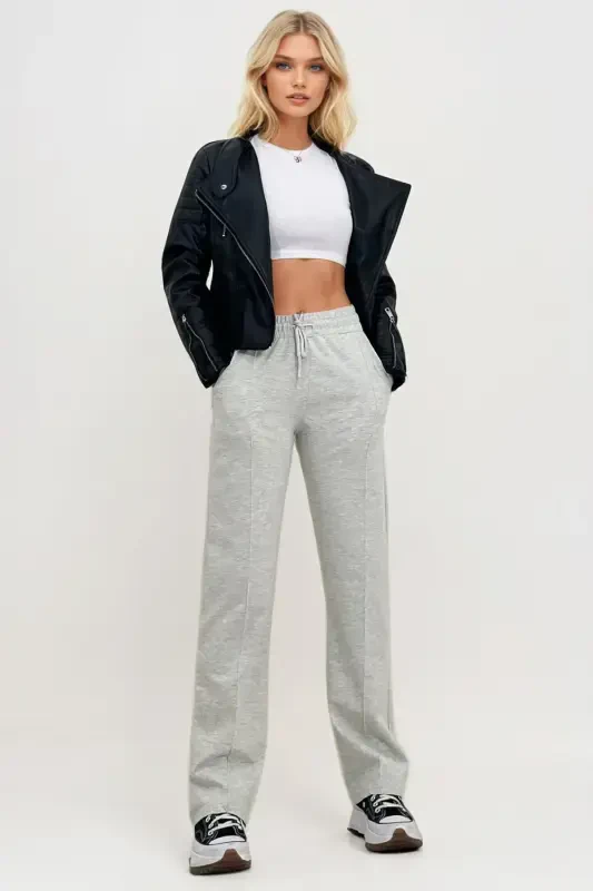 Women's Melange High Waist Drawstring Wide Leg Double Pocket Sweatpants ALC-X7957-Melange - 1