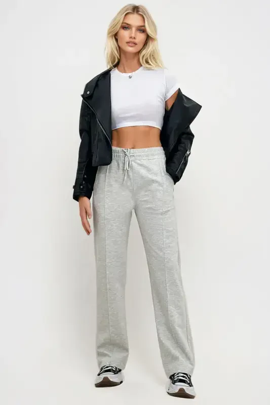 Women's Melange High Waist Drawstring Wide Leg Double Pocket Sweatpants ALC-X7957-Melange - 3