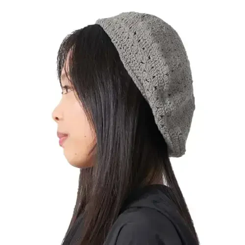 Womens Mens French Beret Hat - Hand Knit 100% Cotton Crochet Caps Girl Scouts-Bohemian Style Summer Beanie - 5